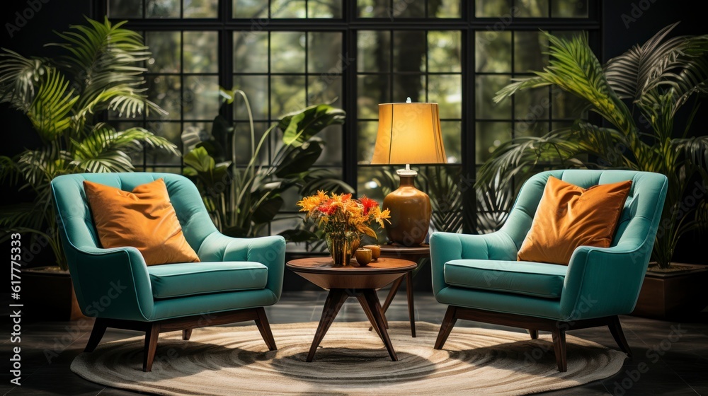Home interior mock-up with turquoise armchairs, table and pampas, 3d render. Created with generative AI.
