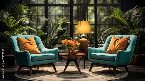 Home interior mock-up with turquoise armchairs, table and pampas, 3d render. Created with generative AI. © Muzaffer Stock