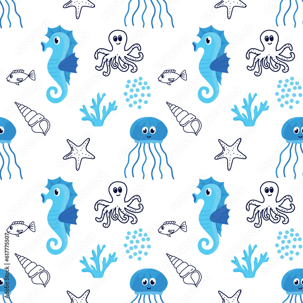 Seamless pattern with sea animals.Wrapping paper, textile. Marine, ocean pattern Seamless pattern with sea animals.Wrapping paper, textile. Marine, ocean pattern