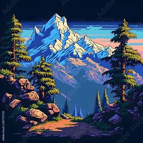 90s Sidescrolling pixel mountain wallpaper  photo