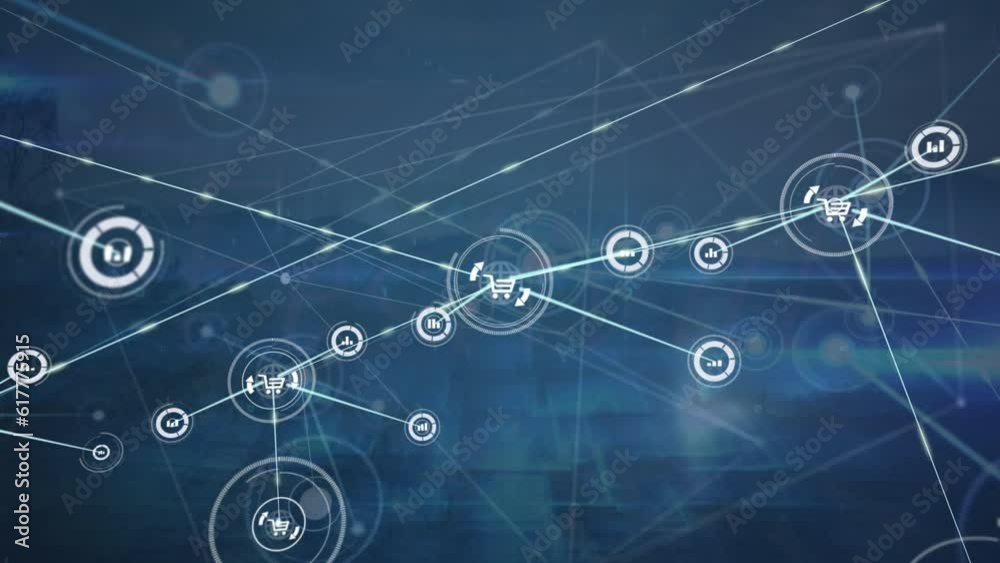 Animation of network of digital icons and light trails against landscape with mountains and trees Animation of network of digital icons and light trails against landscape with mountains and trees