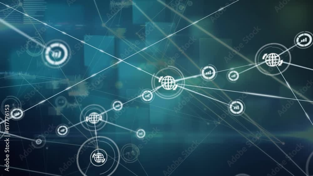 Animation of network of digital icons and data processing against sqaure shapes on blue background Animation of network of digital icons and data processing against sqaure shapes on blue background