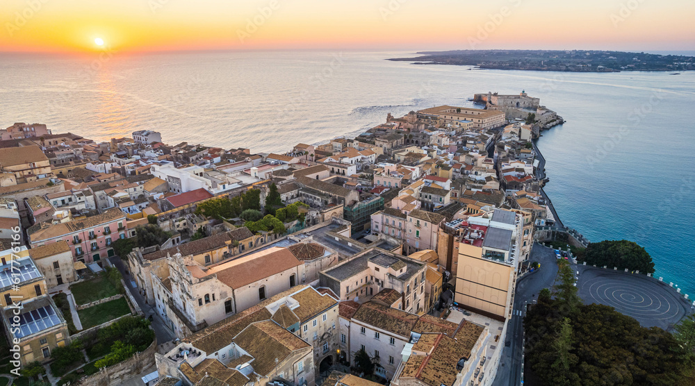 Aerial View of Ortigia Island in Syracuse at Dawn, Sicily, Italy, Europe, World Heritage Site