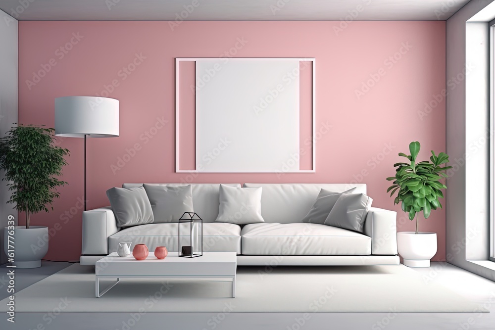 minimal comfy mood living room with a white sofa and empty art wall hanging frame on soft pink wall, mockup idea, Generative Ai minimal comfy mood living room with a white sofa and empty art wall hanging frame on soft pink wall, mockup idea, Generative Ai