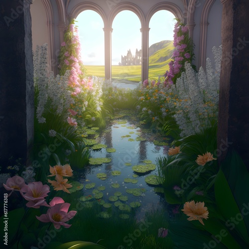 Canvas-taulu flower filled meadow with rolling hills contained inside an enormous cathedral w