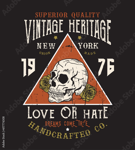 tee print vector design with skull and rose drawing