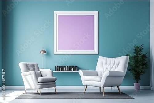 minimal comfy mood living room with a white armchair and empty art wall hanging frame on blue wall, mockup idea, Generative Ai 
