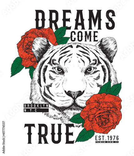 tee print design with tiger head and roses sketches as vector