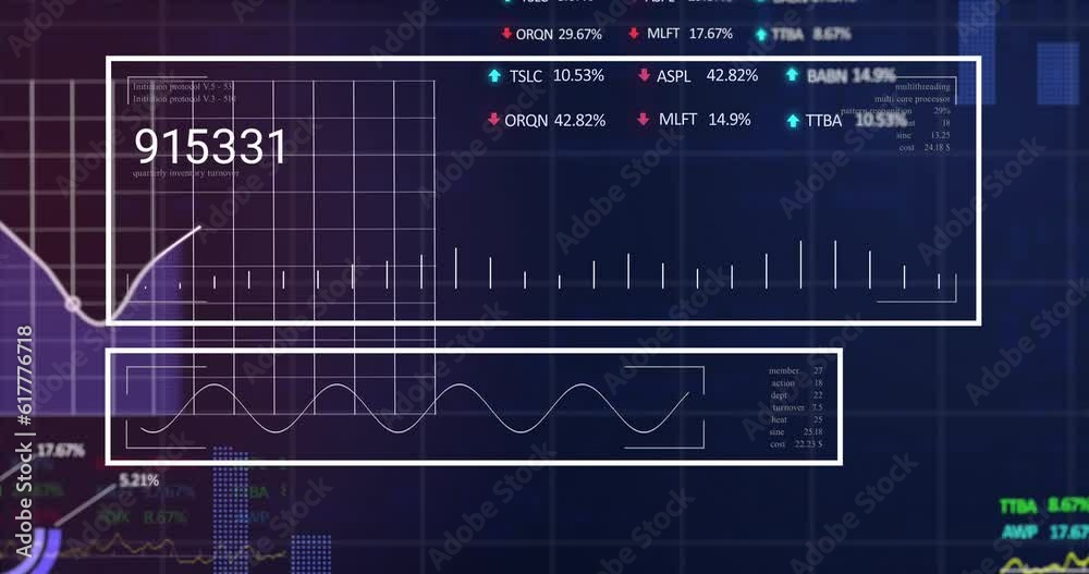 Animation of interface with statistical and stock market data processing against blue background
