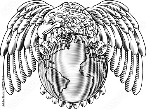 An eagle world globe map earth global planet woodcut concept