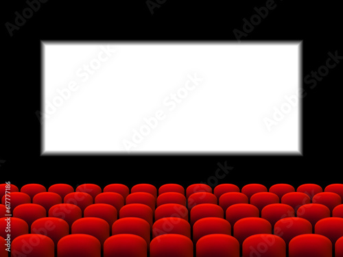 Beautiful red cinema hall with seats facing transparent screen template on a black stage