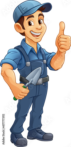 A bricklayer handyman cartoon construction mascot character man holding a trowel tool