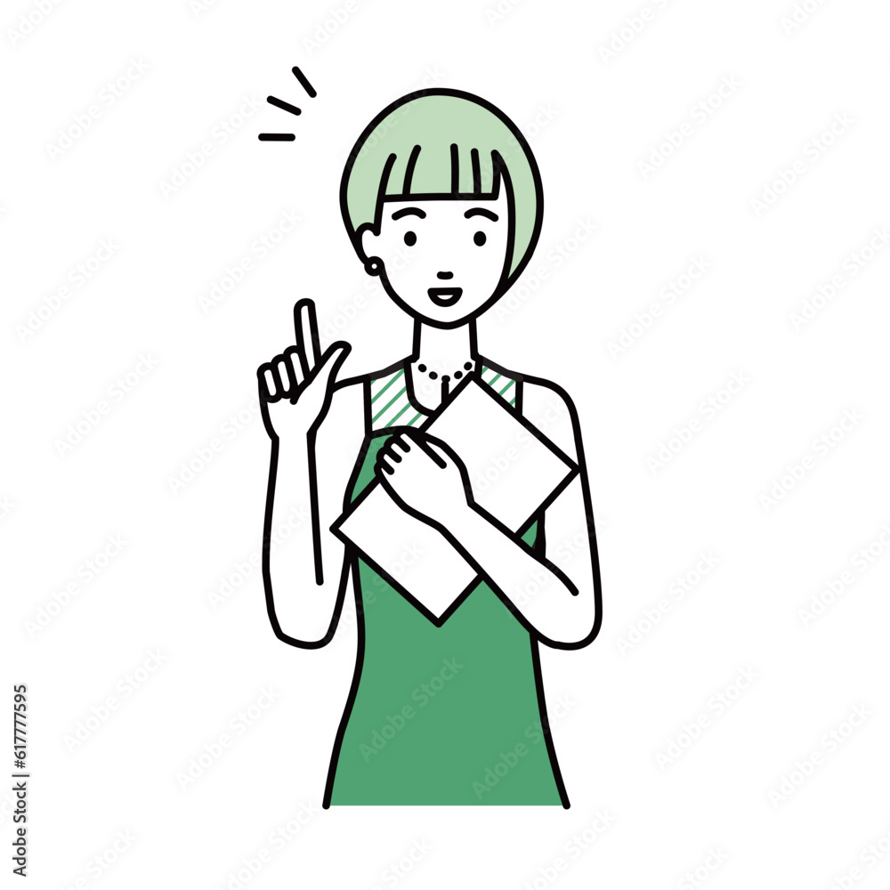 a woman in dress getting ideas standing with document pointing hand gesture a woman in dress getting ideas standing with document pointing hand gesture
