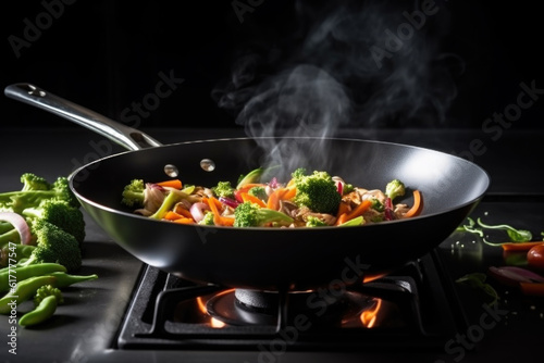 Fotótapéta Fry mixed vegetables in the wok, asian style cooking
