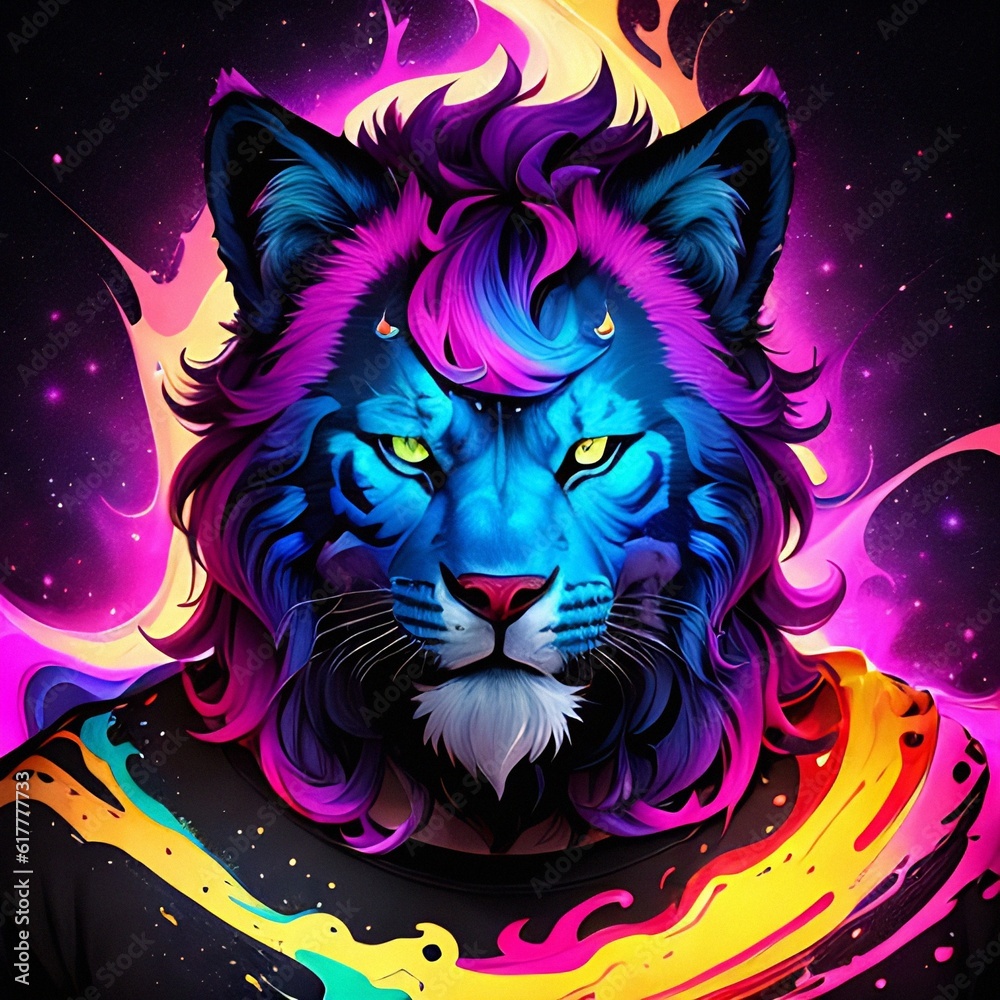 King Leão Nebulosa Galaxy, T-Shirt Art, T-Shirt Design, Shirt Print, Splash art, style, portrait poster, Adobe Illustrator, Vector, 3D Illustration, Abstract Art, Print illustrations, Dark Background