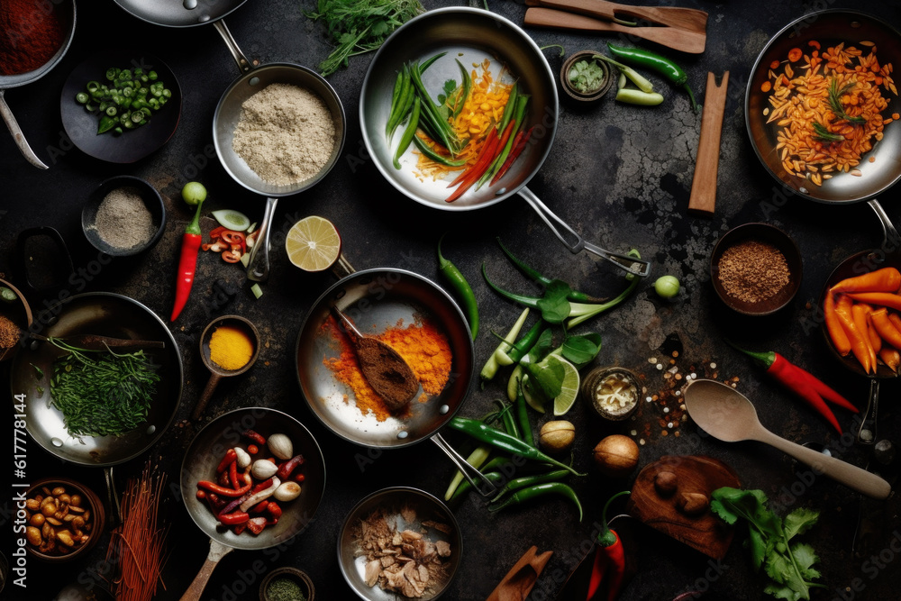 Spices and herbs on a wooden board. Pepper, salt, paprika, basil, turmeric. On a black wooden chalkboard. Top view. Free copy space Spices and herbs on a wooden board. Pepper, salt, paprika, basil, turmeric. On a black wooden chalkboard. Top view. Free copy space