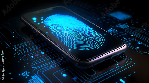 A close-up of a fingerprint being scanned on a smartphone or computer created with generative AI