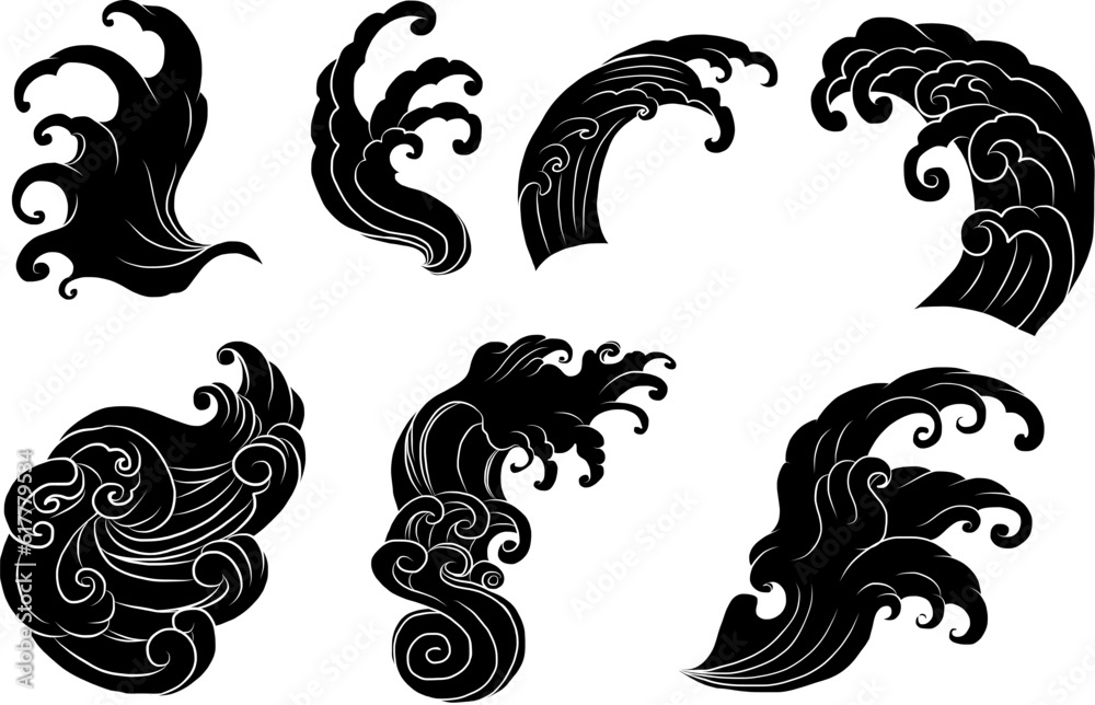 Japanese clouds vector illustration set for tattoo or background design.chinese clouds vector.water splash.wave for element.