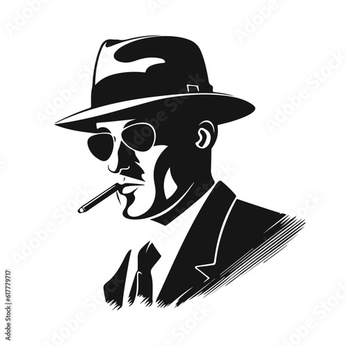 Silhouette of a mysterious man in a hat with a mustache in glasses. Retro style vector illustration of noir gentleman in coat. Mafia icon symbol logo portrait isolated on white background