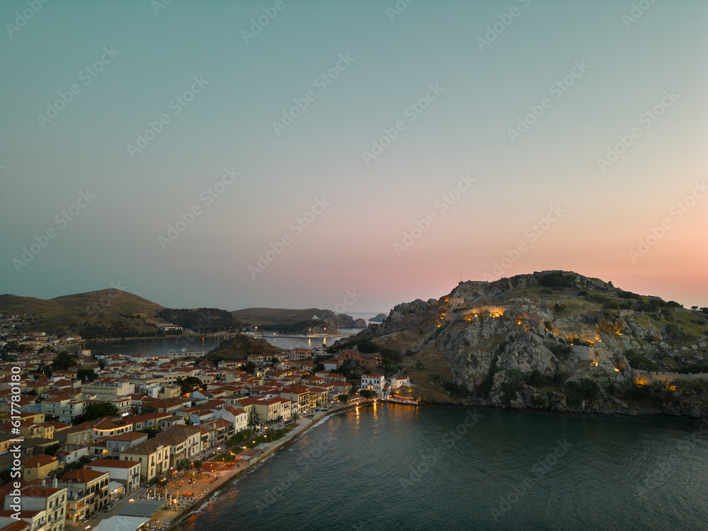 The castle of Myrina on the island of Limnos. With the old port and the city as a background.