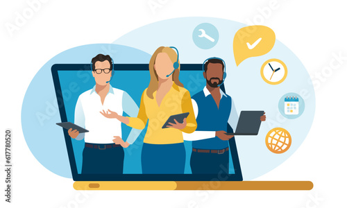 Help desk, call center. Customer service, hotline operators with headsets. Online technical support 24 h. Vector illustration. 
