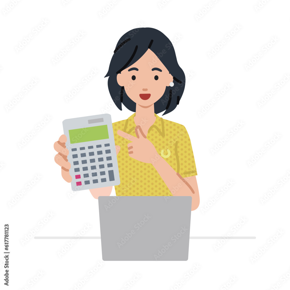a woman in polo shirt recommending, proposing, showing estimates and pointing a calculator with a smile in front of laptop pc a woman in polo shirt recommending, proposing, showing estimates and pointing a calculator with a smile in front of laptop pc