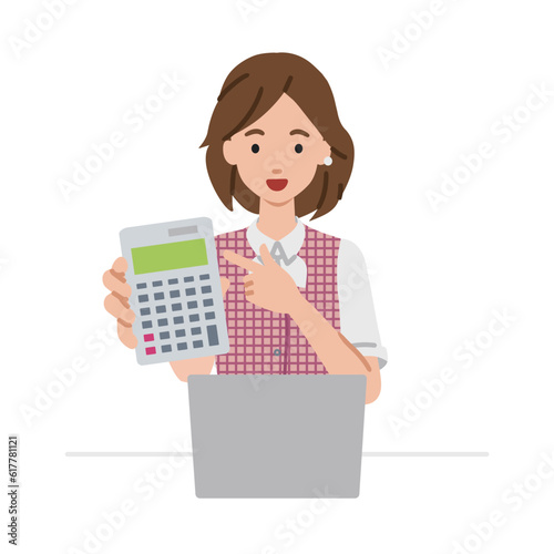 a woman in clerical uniform recommending, proposing, showing estimates and pointing a calculator with a smile in front of laptop pc