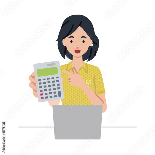 a woman in polo shirt recommending, proposing, showing estimates and pointing a calculator with a smile in front of laptop pc