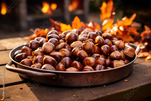 Roasted chestnuts in bowl with fire and fall autumn leaves in the background photo