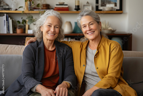 Happy Mature Ladies Smiling on Comfortable Armchair. Generative AI