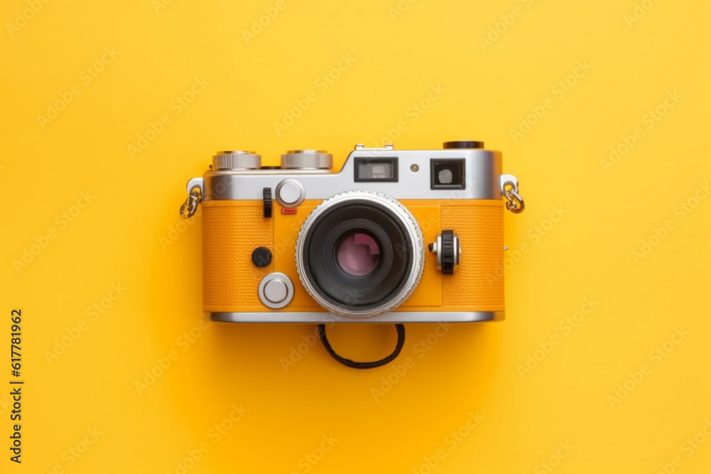 Fototapeta premium Photo camera on yellow background top view. Generative ai.