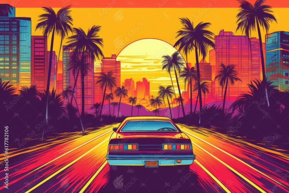 Summer vibes 80s style illustration with car driving into sunset. Generative AI 8