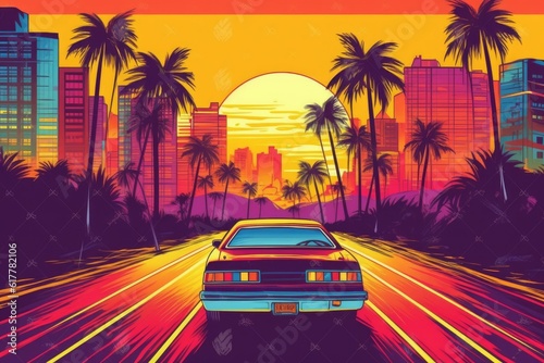 Summer vibes 80s style illustration with car driving into sunset. Generative AI 8 © MaVeRa
