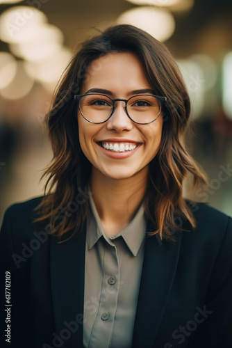 Close up of person wearing glasses with smile on their face. Generative AI.