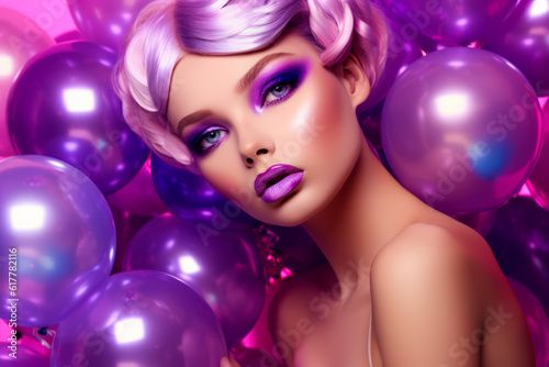 Woman with pink hair and purple eyeshades surrounded by purple balloons. Generative AI.