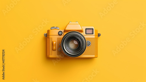 Photo camera on yellow background top view. Generative ai.