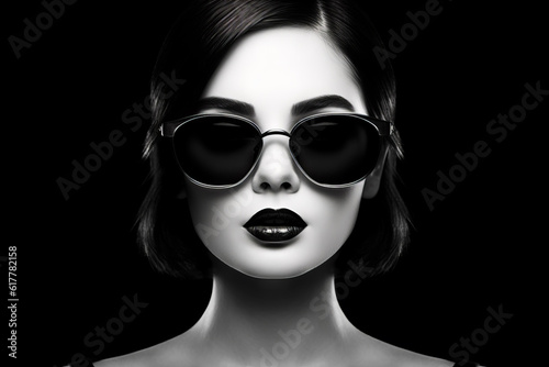 Woman with black lipstick and sunglasses on her face  with black background. Generative AI.
