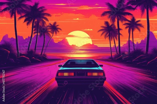 Summer vibes 80s style illustration with car driving into sunset. Generative AI 2 © MaVeRa