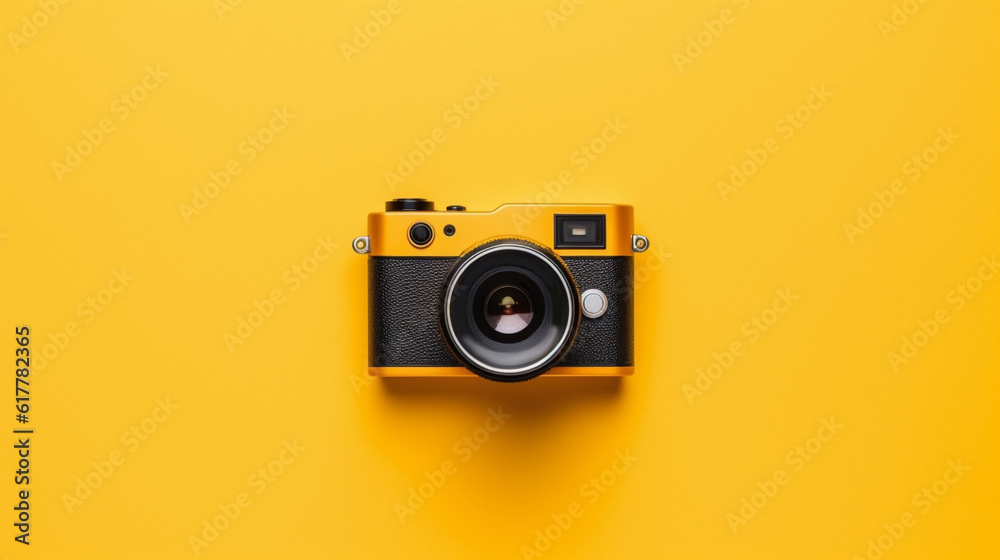 Photo camera on yellow background top view. Generative ai. Photo camera on yellow background top view. Generative ai.