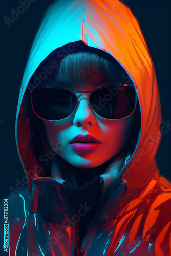 Woman wearing sunglasses and hoodie with hoodie over her head. Generative AI.