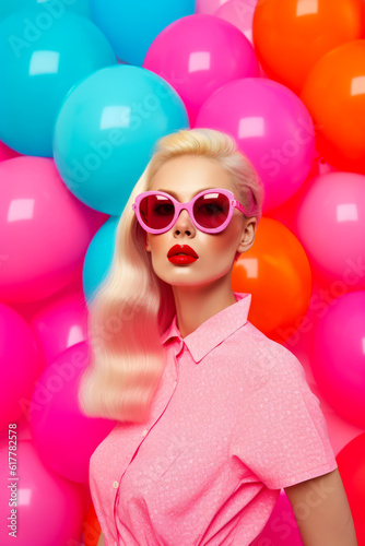 Woman wearing pink sunglasses standing in front of wall of balloons and balloons. Generative AI.