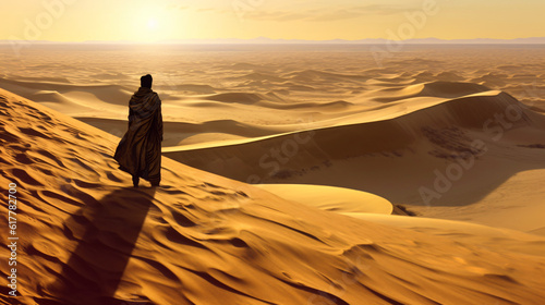 a lonely nomad walking in the desert landscape with dunes and patterns of sand, fictional landscape created with generative ai photo