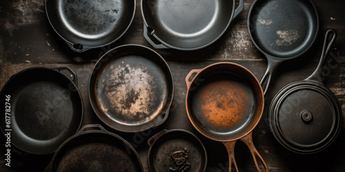 Cast iron cooking pans and utensils, top view 