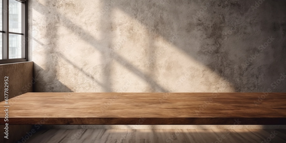 Wooden table and sun light grey wall copy space background, AI Generated