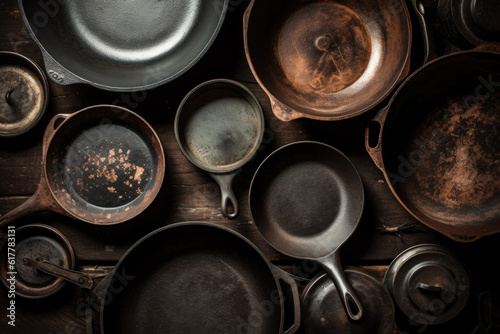 Cast iron cooking pans and utensils, top view 