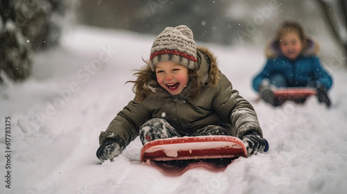 Children Sliding Down Snowy Slopes. Generative AI