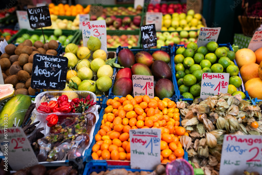 Colorful market stall with boxes with vegetables and fruit in Budapest, Hungary