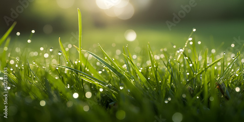  dew drops on green grasses, Morning dew on green grass the concept of cleanliness and freshness, generative Ai ,