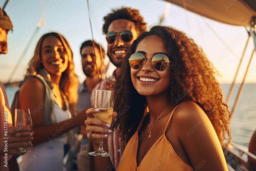 Group of diverse friends drink champagne while having a party in yacht. Attractive young men and women hanging out, celebrating holiday vacation trip while catamaran boat sailing - obrazy, fototapety, plakaty 