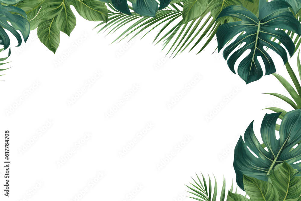 Tropical green leaves for decoration of art frame wallpaper,card on transparent background.Generative Ai